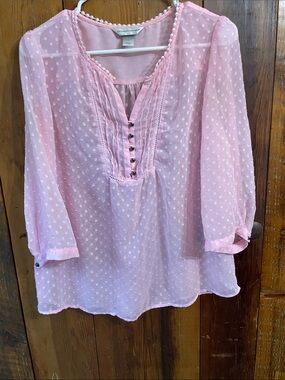 Christopher & Banks Light Pink Swiss Dot Peasant Blouse
